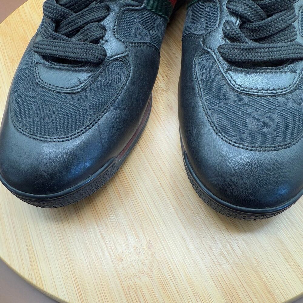 Gucci Guccissima Black Leather and Classic Web Men's Sneakers Sz 7.5 - Picture 9 of 12